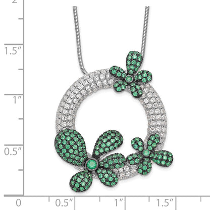 Sterling Silver Brilliant Embers Rhodium-Plated 327 Stone 18 Inch Micro Pav White And Green Cz Flower Necklace With 2 Extender