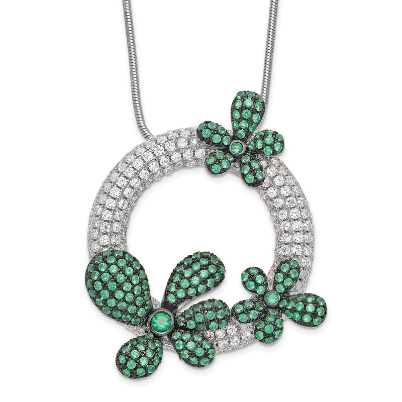 Sterling Silver Brilliant Embers Rhodium-Plated 327 Stone 18 Inch Micro Pav White And Green Cz Flower Necklace With 2 Extender