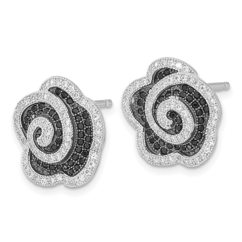 Sterling Silver True Fire Black & Clear Cz Swirl Flower Post Earrings