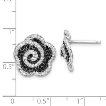 Sterling Silver True Fire Black & Clear Cz Swirl Flower Post Earrings