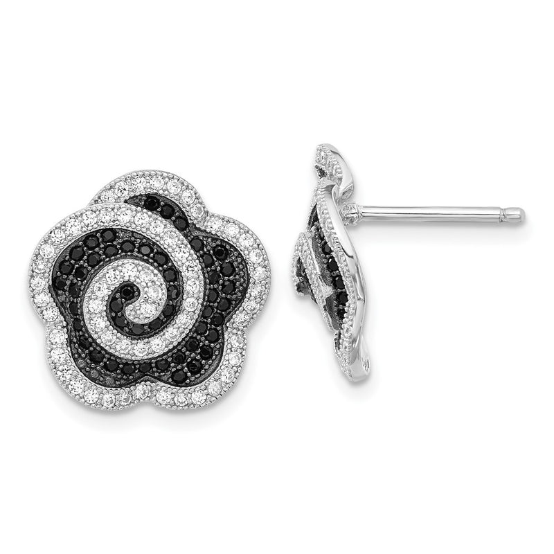 Sterling Silver True Fire Black & Clear Cz Swirl Flower Post Earrings