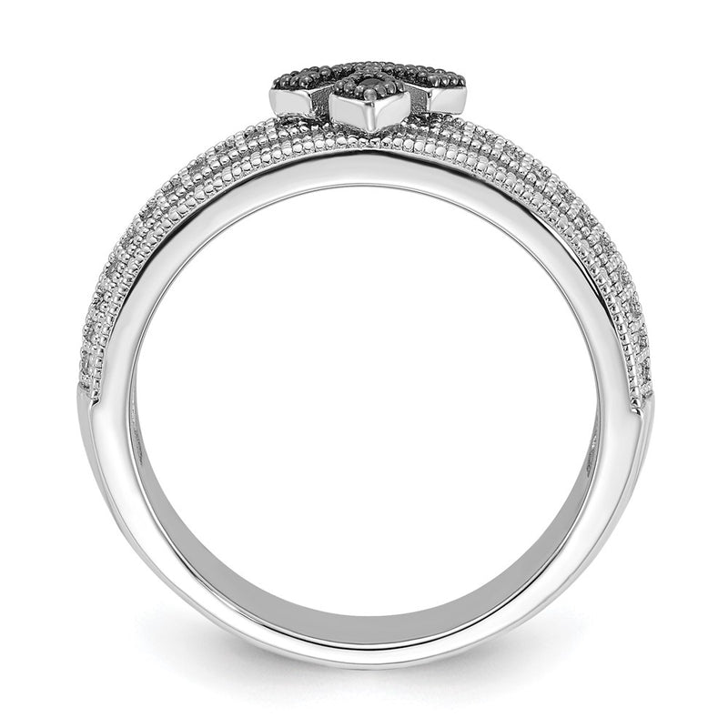 Sterling Silver True Fire Polished Black & Clear Cz Cross Ring