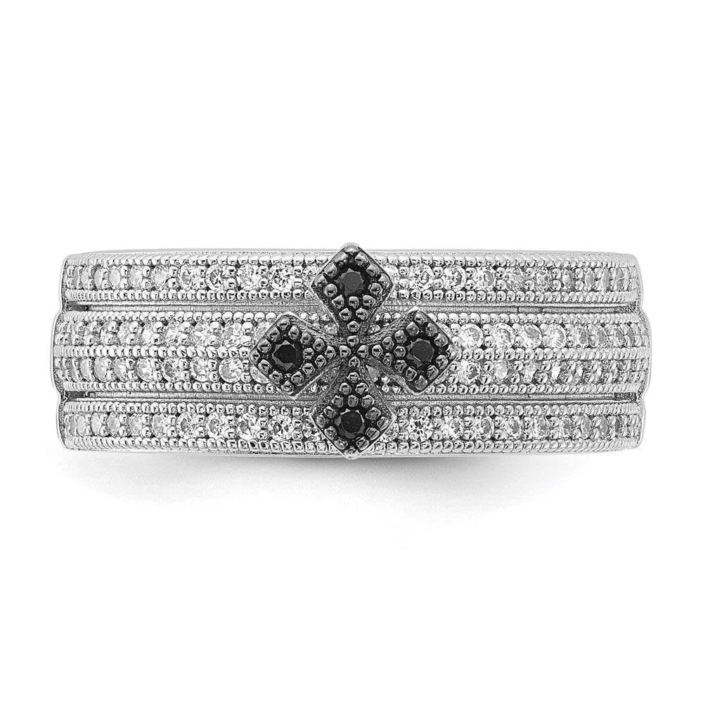 Sterling Silver True Fire Polished Black & Clear Cz Cross Ring