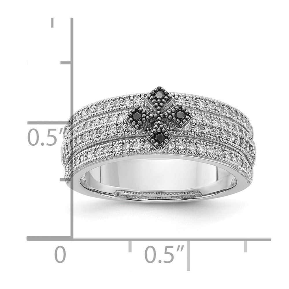 Sterling Silver True Fire Polished Black & Clear Cz Cross Ring