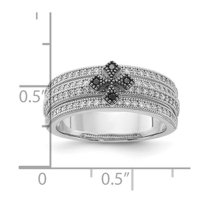Sterling Silver True Fire Polished Black & Clear Cz Cross Ring