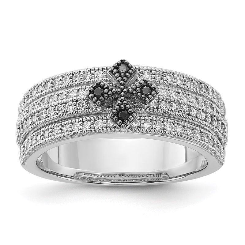Sterling Silver True Fire Polished Black & Clear Cz Cross Ring