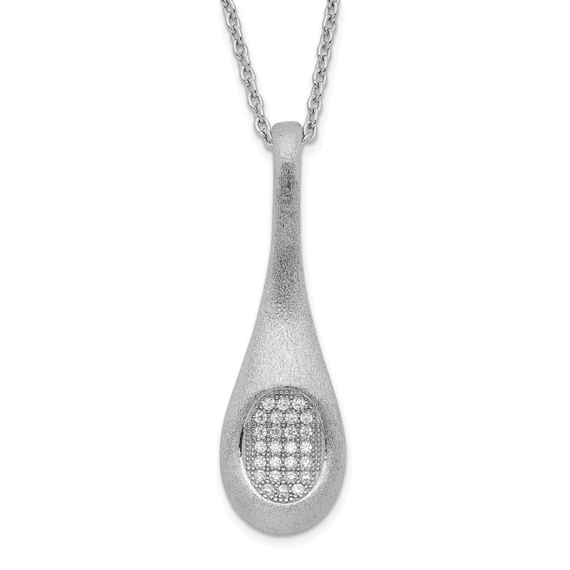 Sterling Silver Brilliant Embers Rhodium-Plated Brushed Cz Teardrop W/ 2In Ext Necklace