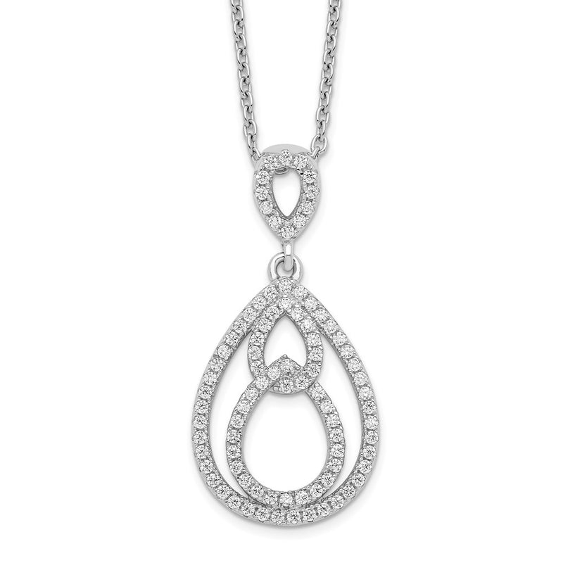 Sterling Silver Brilliant Embers Rhodium-Plated 88 Stone 18 Inch Pav Cz Teardrop Necklace With 2 Extender