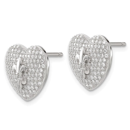 Sterling Silver Cz Heart Fleur De Lis Post Earrings