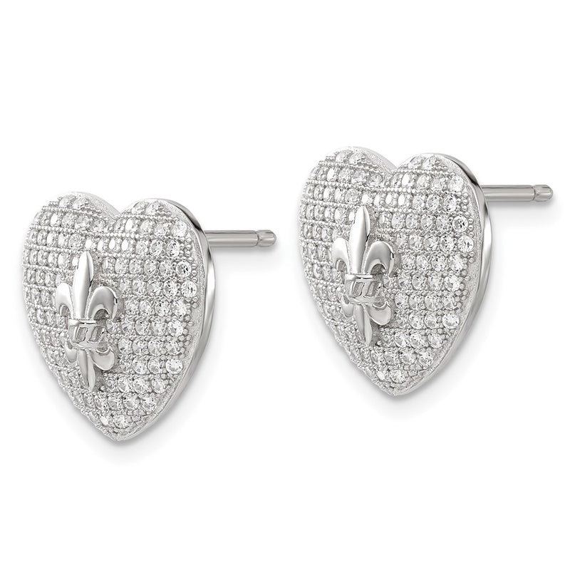 Sterling Silver Cz Heart Fleur De Lis Post Earrings