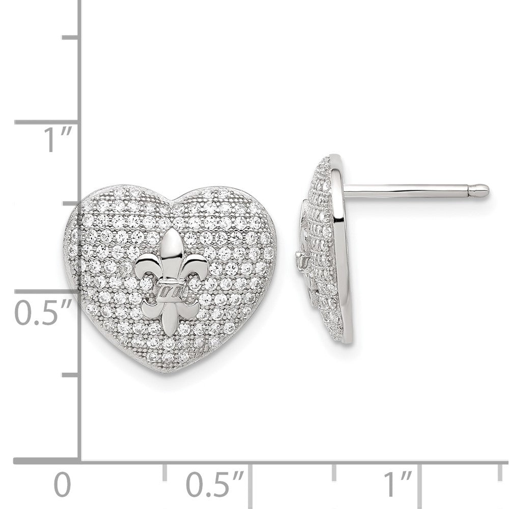 Sterling Silver Cz Heart Fleur De Lis Post Earrings