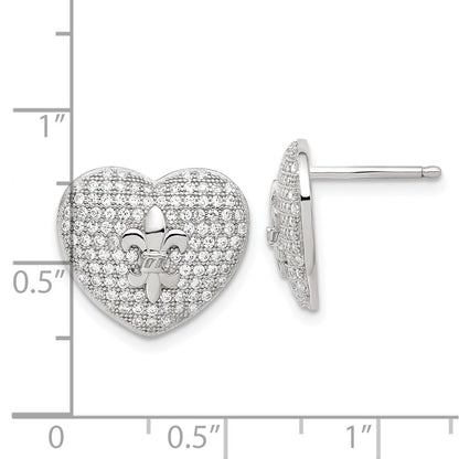 Sterling Silver Cz Heart Fleur De Lis Post Earrings