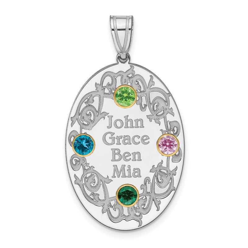 Sterling Silver Rhodium-Plated/14K Bezel Crystal Family Pendant