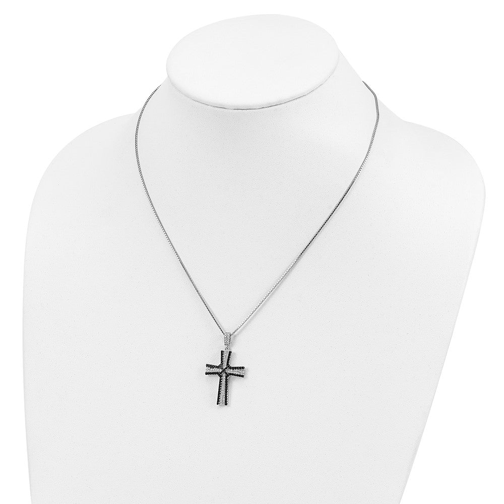Sterling Silver Brilliant Embers Rhodium-Plated 124 Stone 18 Inch Black And White Micro Pav Cz Cross Necklace With 2 Extender