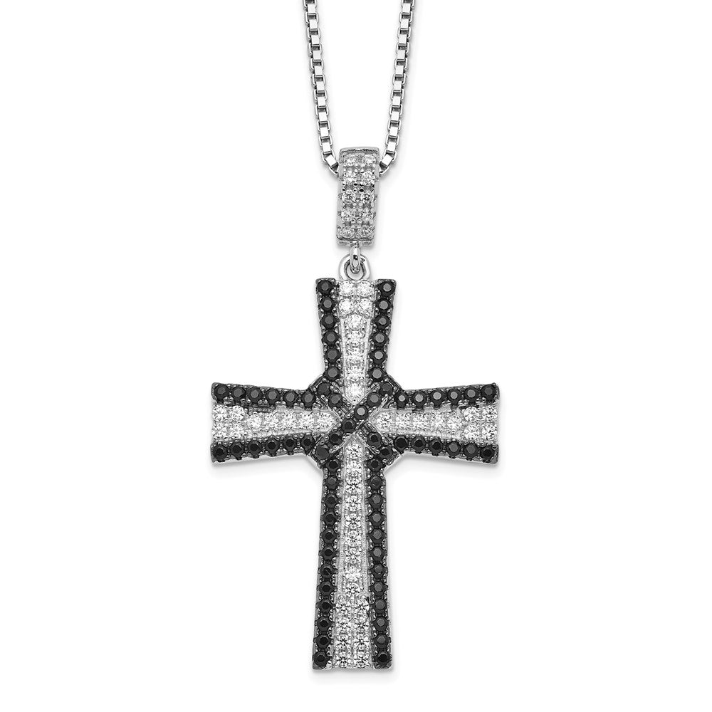 Sterling Silver Brilliant Embers Rhodium-Plated 124 Stone 18 Inch Black And White Micro Pav Cz Cross Necklace With 2 Extender