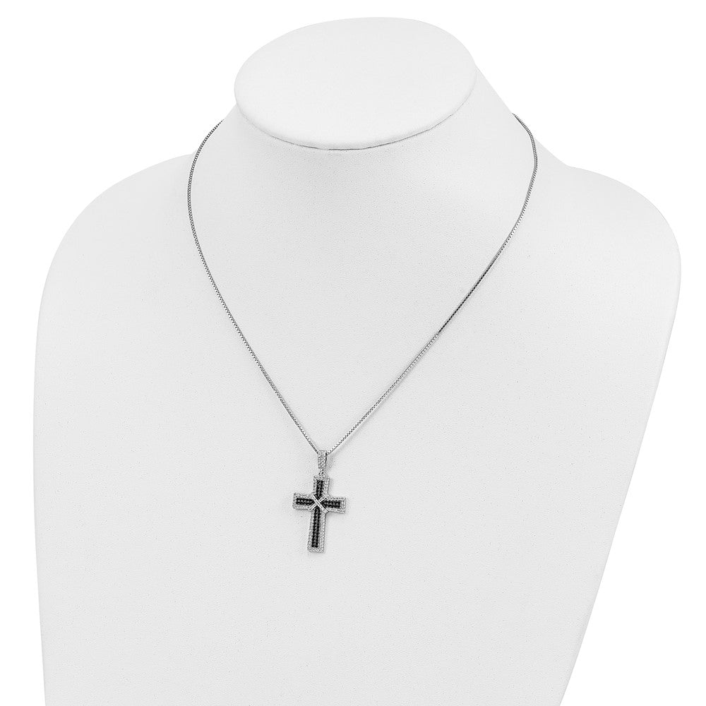 Sterling Silver Brilliant Embers Rhodium-Plated 156 Stone 18 Inch Black And White Micro Pav Cz Polished Cross Necklace With 2 Extender