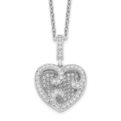 Sterling Silver Brilliant Embers Rhodium-Plated 100 Stone 18 Inch Micro Pav Cz Polished Heart Necklace With 2 Extender