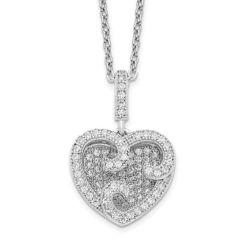 Sterling Silver Brilliant Embers Rhodium-Plated 100 Stone 18 Inch Micro Pav Cz Polished Heart Necklace With 2 Extender