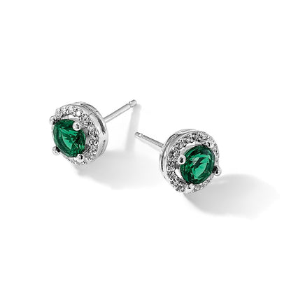 Sterling Silver Brilliant Embers Rhodium-Plated 34 Stone White And Green Micro Pav Halo Cz Post Earrings