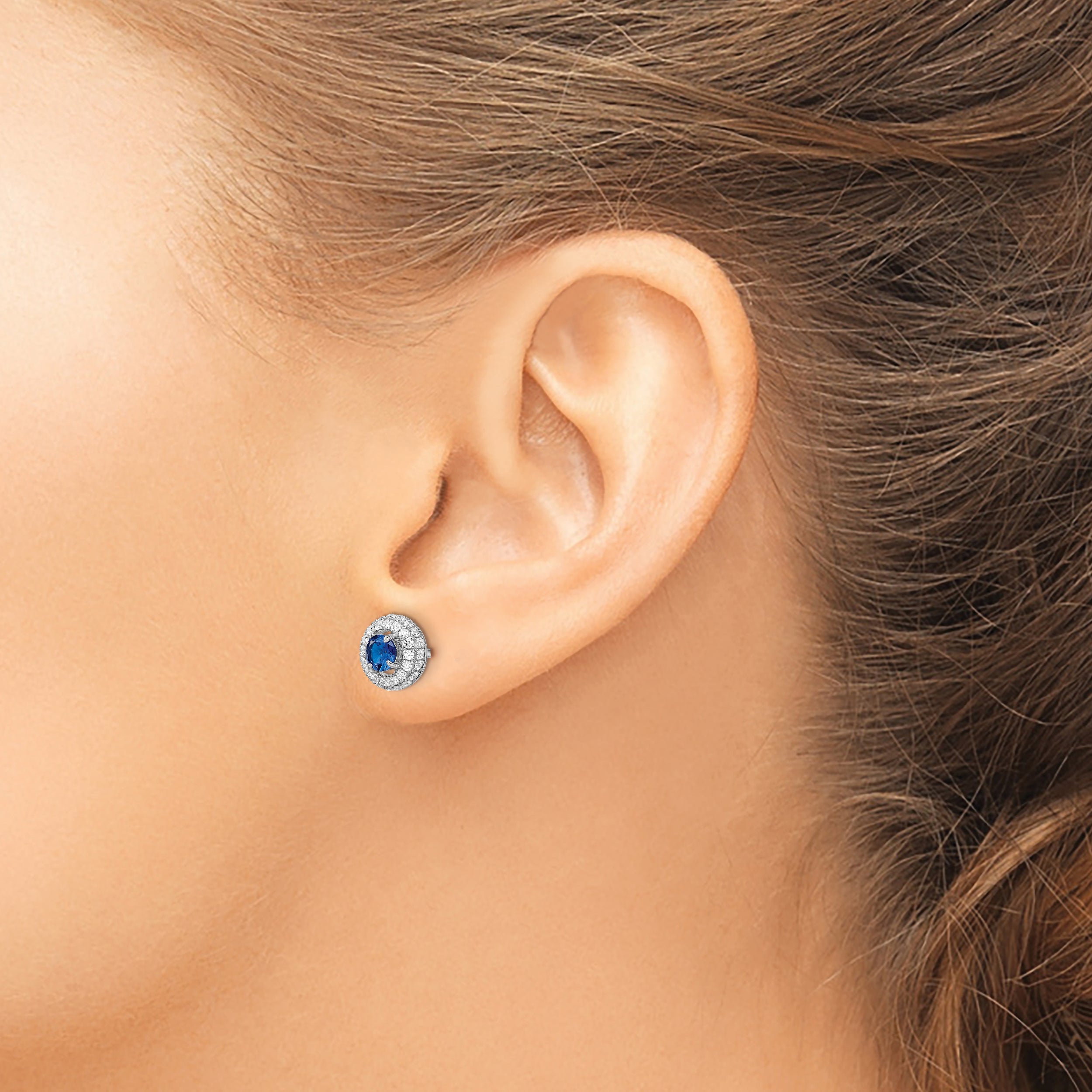 Sterling Silver Brilliant Embers Rhodium-Plated 72 Stone Micro Pav Blue And White Halo Cz Circle Post Earrings