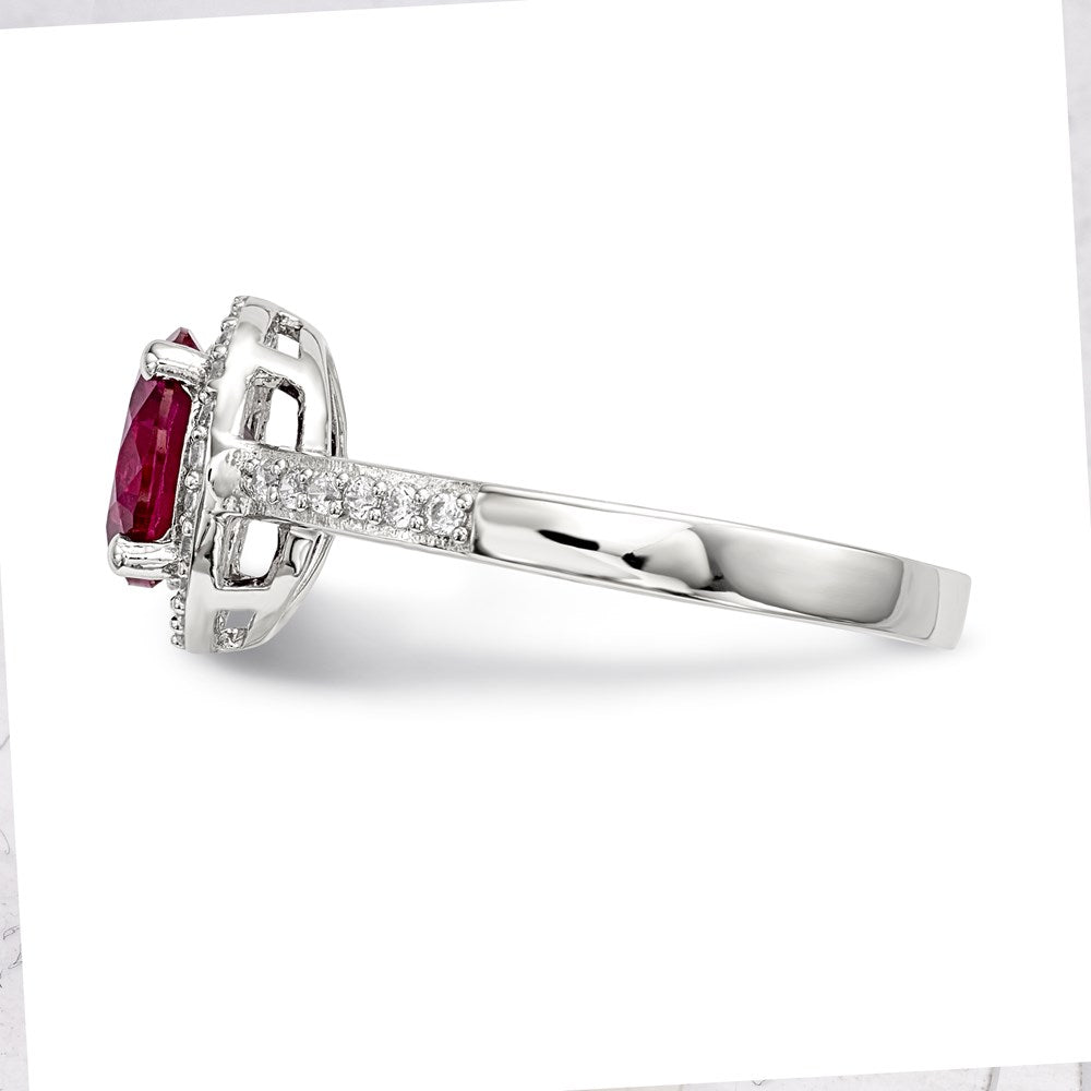 Sterling Silver Brilliant Embers Rhodium-Plated 35 Stone Red Corundum And Cz Halo Ring