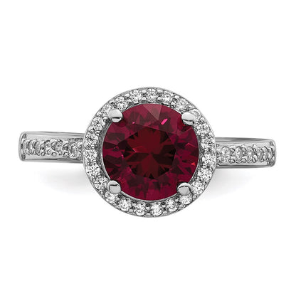 Sterling Silver Brilliant Embers Rhodium-Plated 35 Stone Red Corundum And Cz Halo Ring