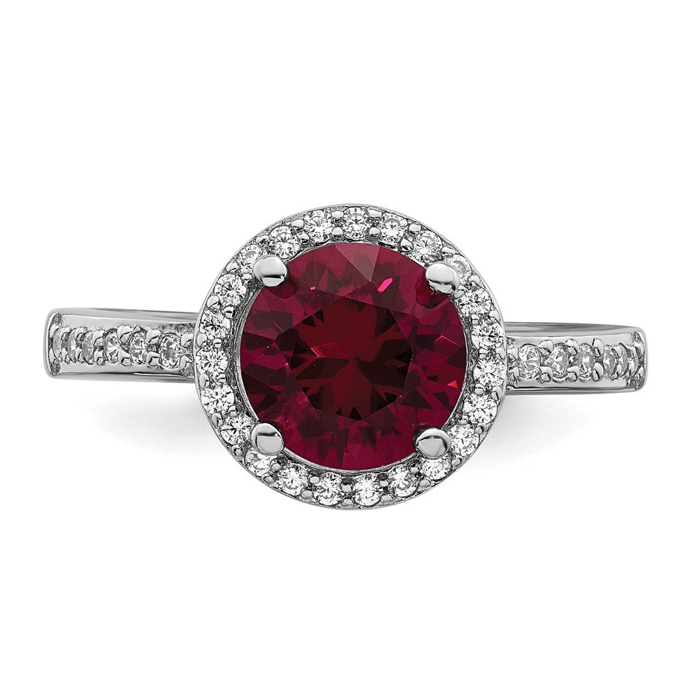 Sterling Silver Brilliant Embers Rhodium-Plated 35 Stone Red Corundum And Cz Halo Ring