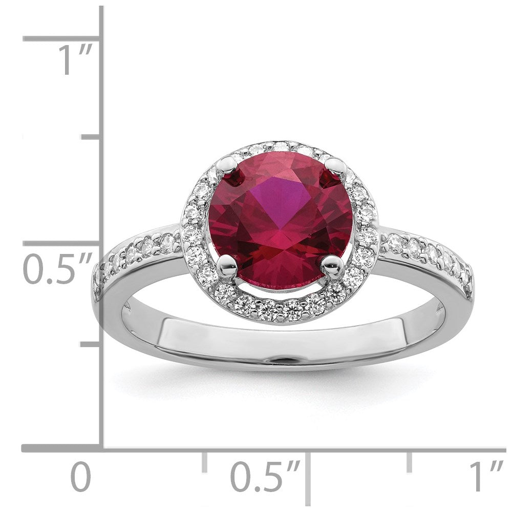 Sterling Silver Brilliant Embers Rhodium-Plated 35 Stone Red Corundum And Cz Halo Ring