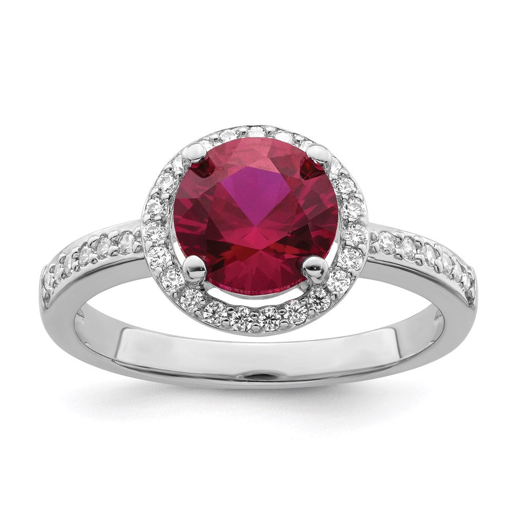 Sterling Silver Brilliant Embers Rhodium-Plated 35 Stone Red Corundum And Cz Halo Ring