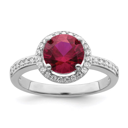Sterling Silver Brilliant Embers Rhodium-Plated 35 Stone Red Corundum And Cz Halo Ring