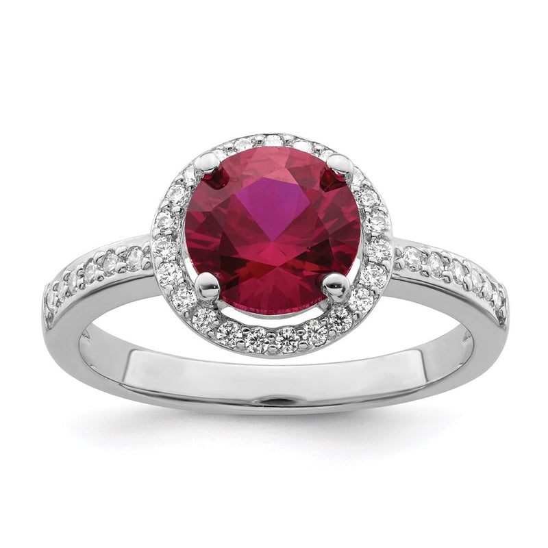 Sterling Silver Brilliant Embers Rhodium-Plated 35 Stone Red Corundum And Cz Halo Ring