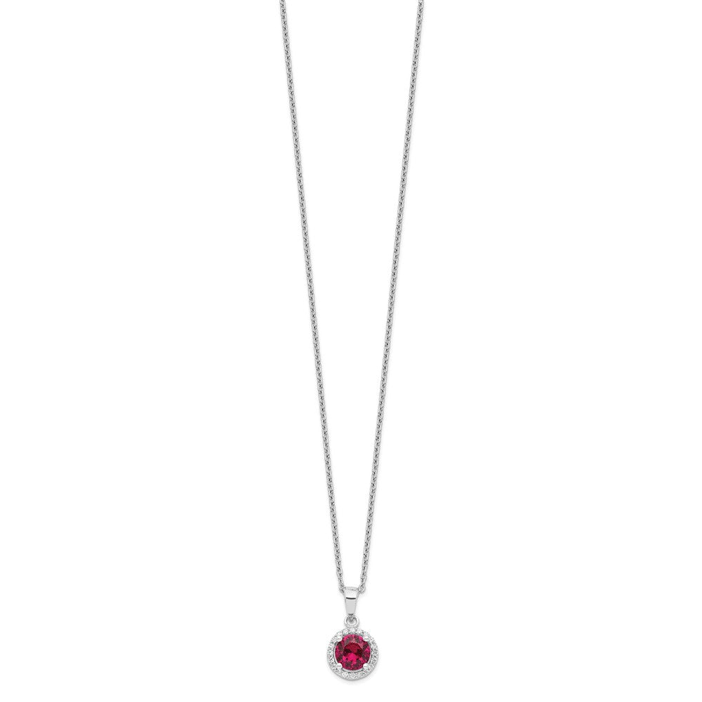 Sterling Silver Brilliant Embers Rhodium-Plated 20 Stone 18 Inch Red Corundum And Clear Cz Halo Necklace With 2 Extender
