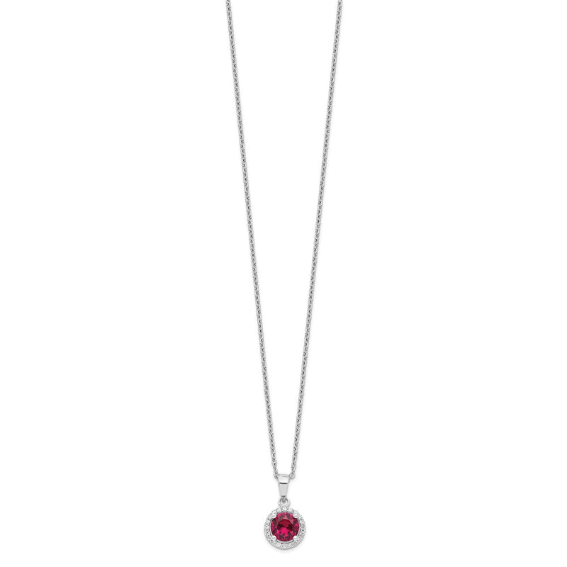 Sterling Silver Brilliant Embers Rhodium-Plated 20 Stone 18 Inch Red Corundum And Clear Cz Halo Necklace With 2 Extender