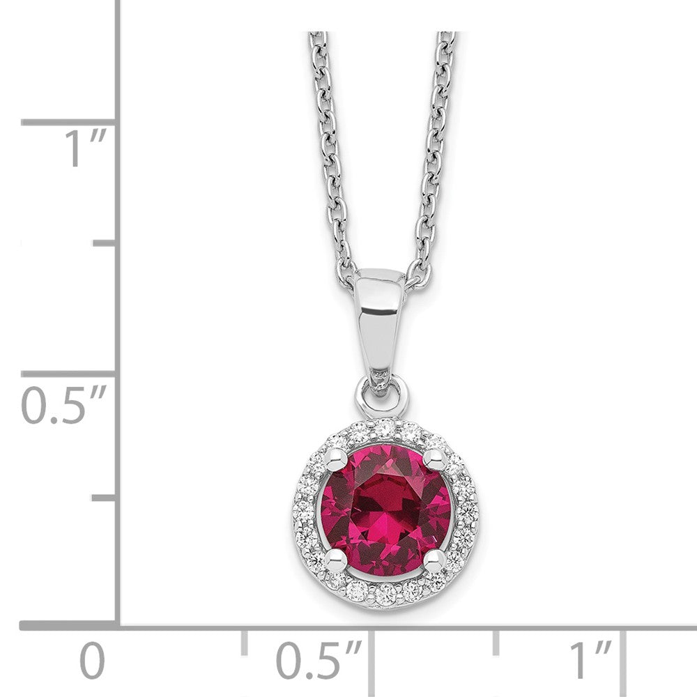Sterling Silver Brilliant Embers Rhodium-Plated 20 Stone 18 Inch Red Corundum And Clear Cz Halo Necklace With 2 Extender