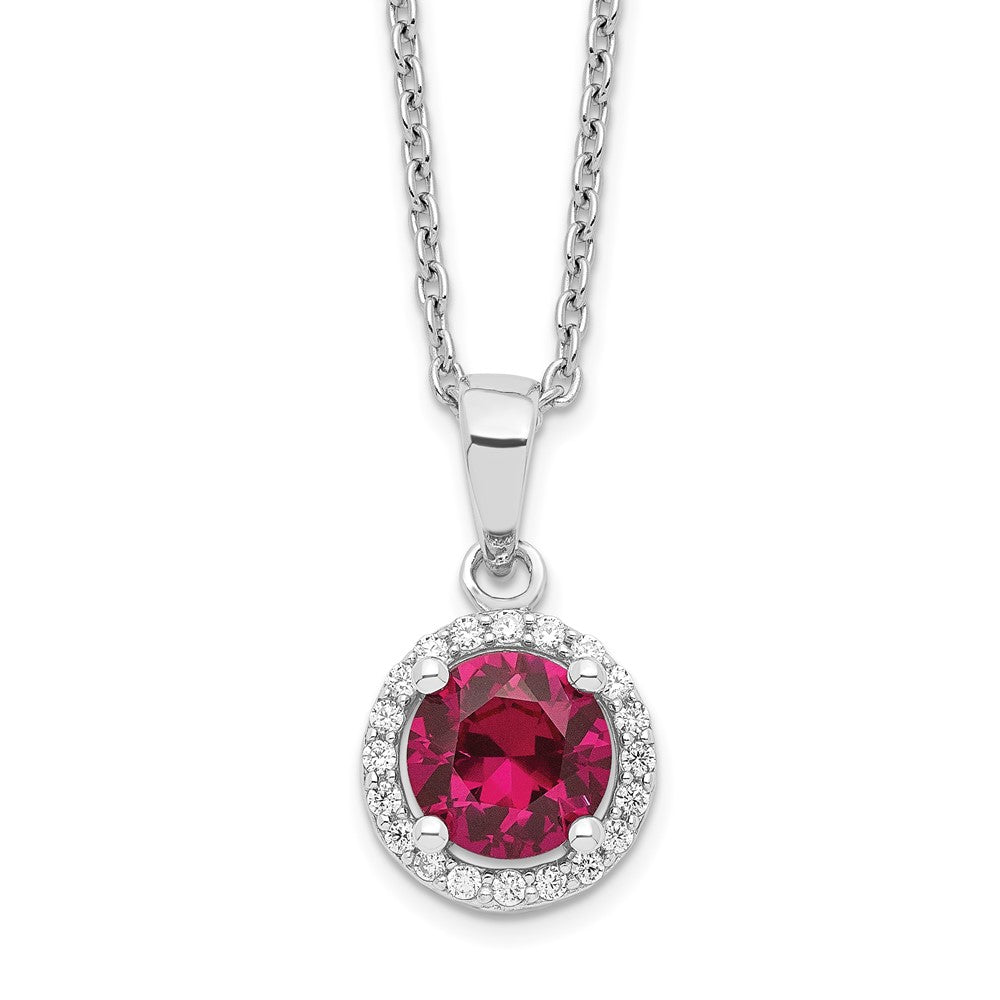Sterling Silver Brilliant Embers Rhodium-Plated 20 Stone 18 Inch Red Corundum And Clear Cz Halo Necklace With 2 Extender