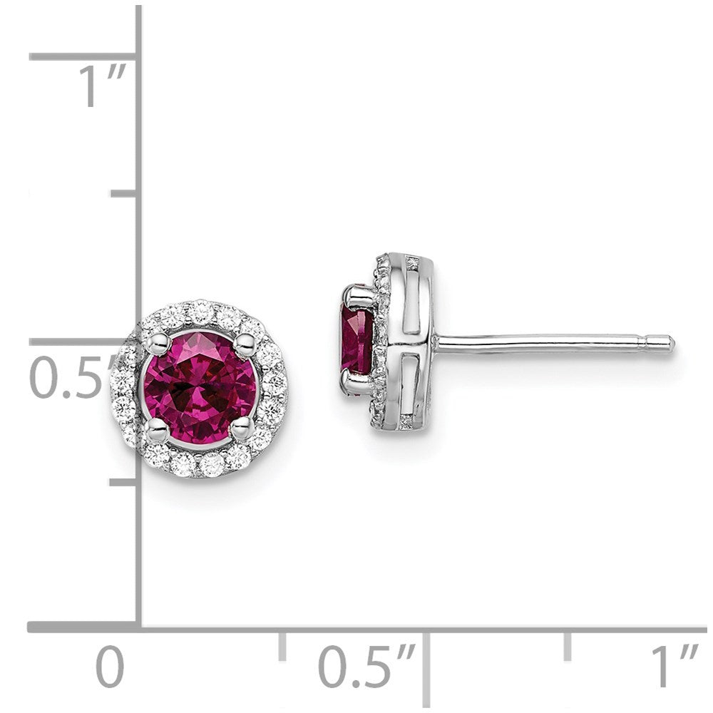 Sterling Silver Brilliant Embers Rhodium Plated 34 Stone Cz And Red Corundum Post Stud Halo Earrings