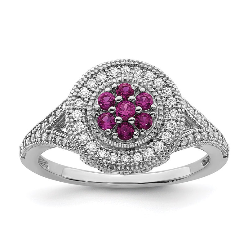 Sterling Silver Brilliant Embers Rhodium-Plated 86 Stone Micro Pav Red And White Cz Circle Ring