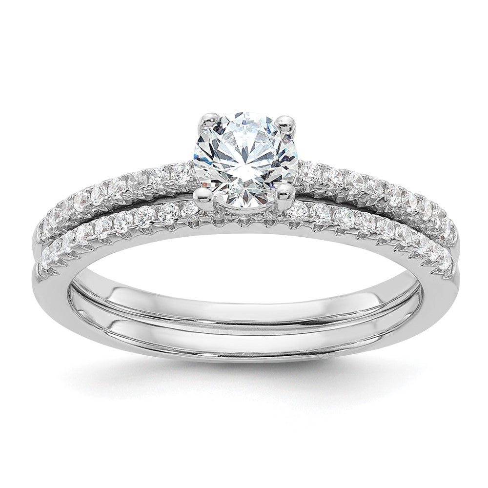 Sterling Silver Brilliant Embers Rhodium-Plated 40 Stone Micro Pav Cz 2 Piece Wedding Ring Set