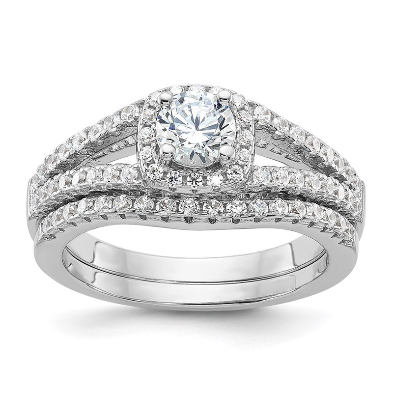 Sterling Silver Brilliant Embers Rhodium-Plated 67 Stone Micro Pav Cz 2 Piece Wedding Ring Set