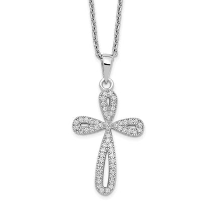 Sterling Silver Brilliant Embers Rhodium-Plated 55 Stone 18 Inch Micro Pav Cz Cross Necklace With 2 Extender