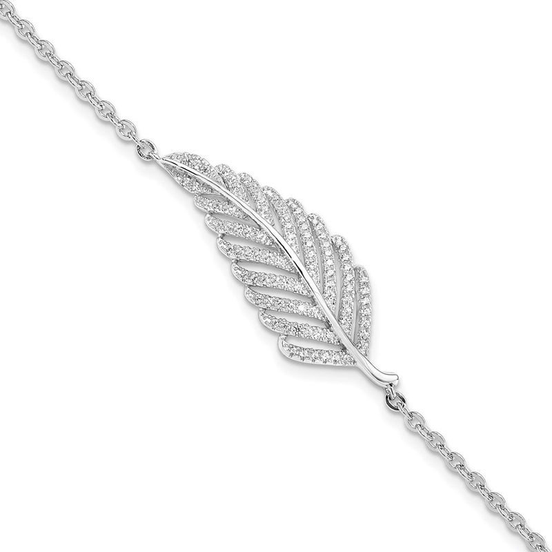 Sterling Silver Brilliant Embers Rhodium-Plated 87 Stone 7 Inch Micro Pav Cz Feather Bracelet With 1 Extender