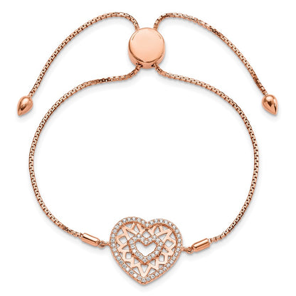 Sterling Silver Brilliant Embers Rose-Tone Flash Rose Gold-Plated 60 Stone Filigree Cz Heart Adjustable Bracelet