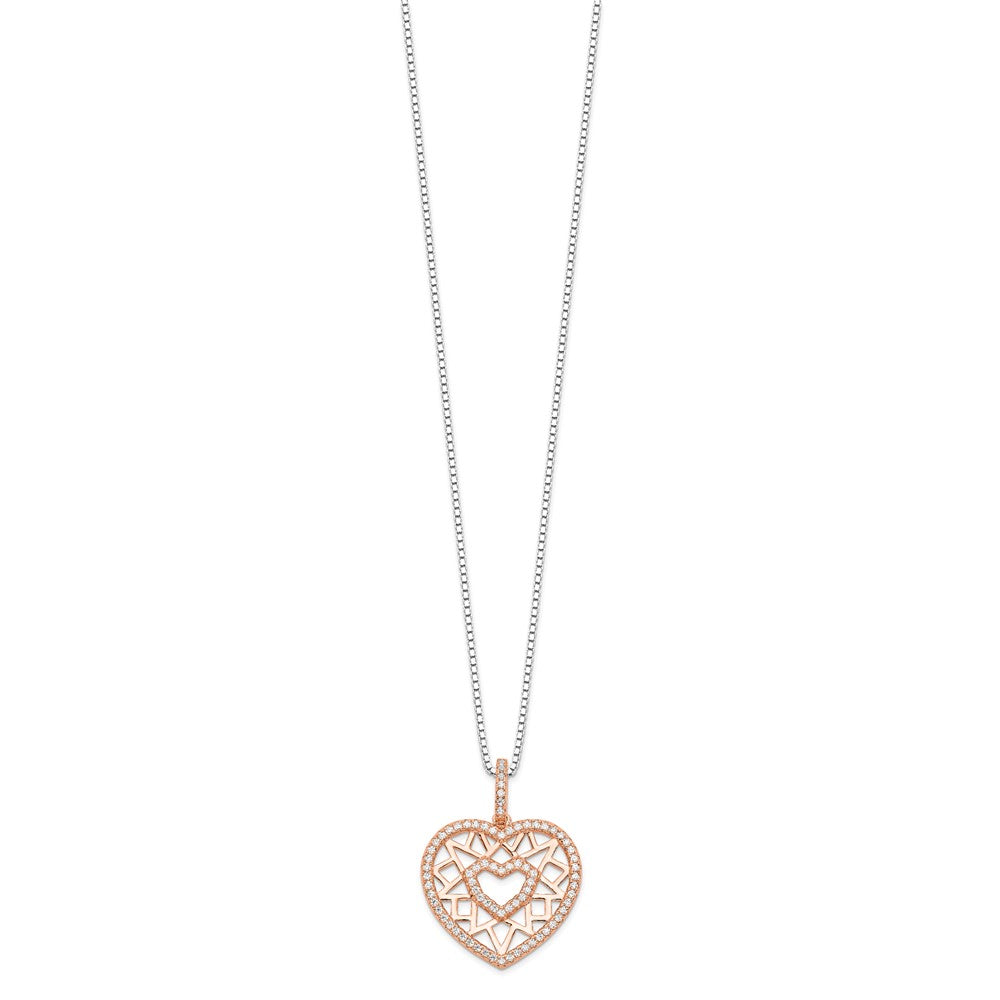 Sterling Silver Brilliant Embers Rose-Tone Flash Rose Gold-Plated 77 Stone 18 Inch Micro Pav Cz Heart Necklace With 2 Extender