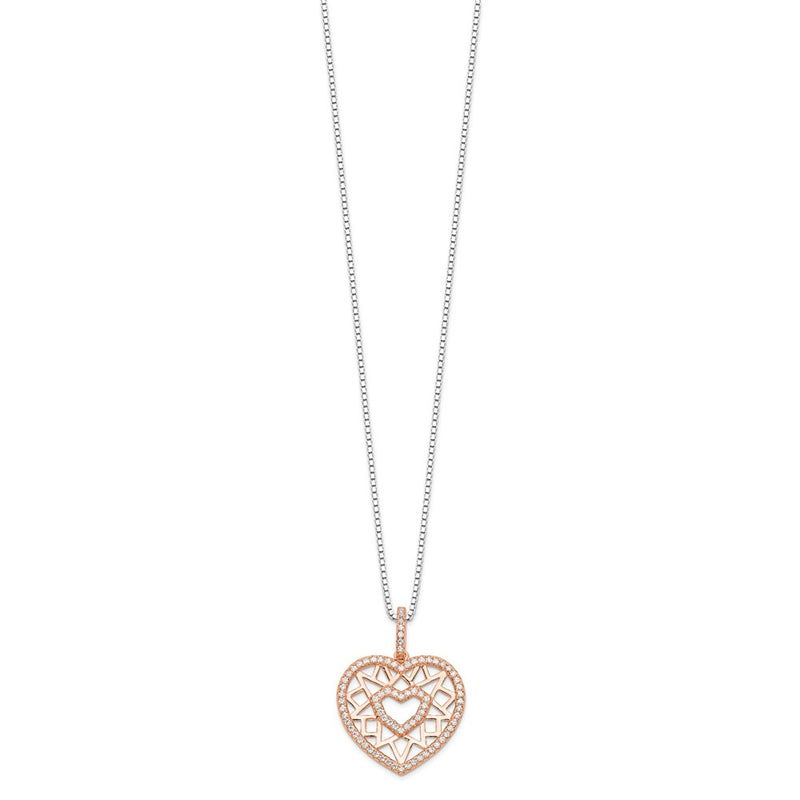 Sterling Silver Brilliant Embers Rose-Tone Flash Rose Gold-Plated 77 Stone 18 Inch Micro Pav Cz Heart Necklace With 2 Extender