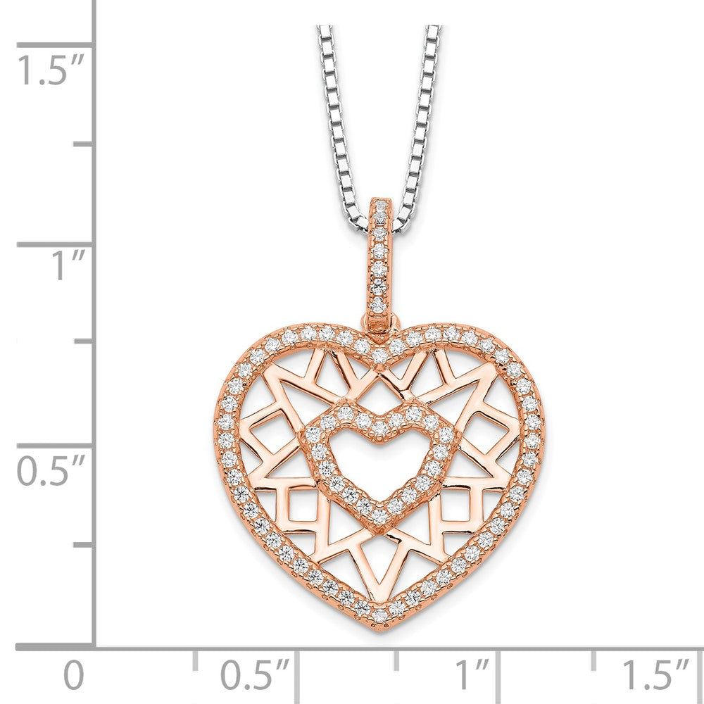 Sterling Silver Brilliant Embers Rose-Tone Flash Rose Gold-Plated 77 Stone 18 Inch Micro Pav Cz Heart Necklace With 2 Extender