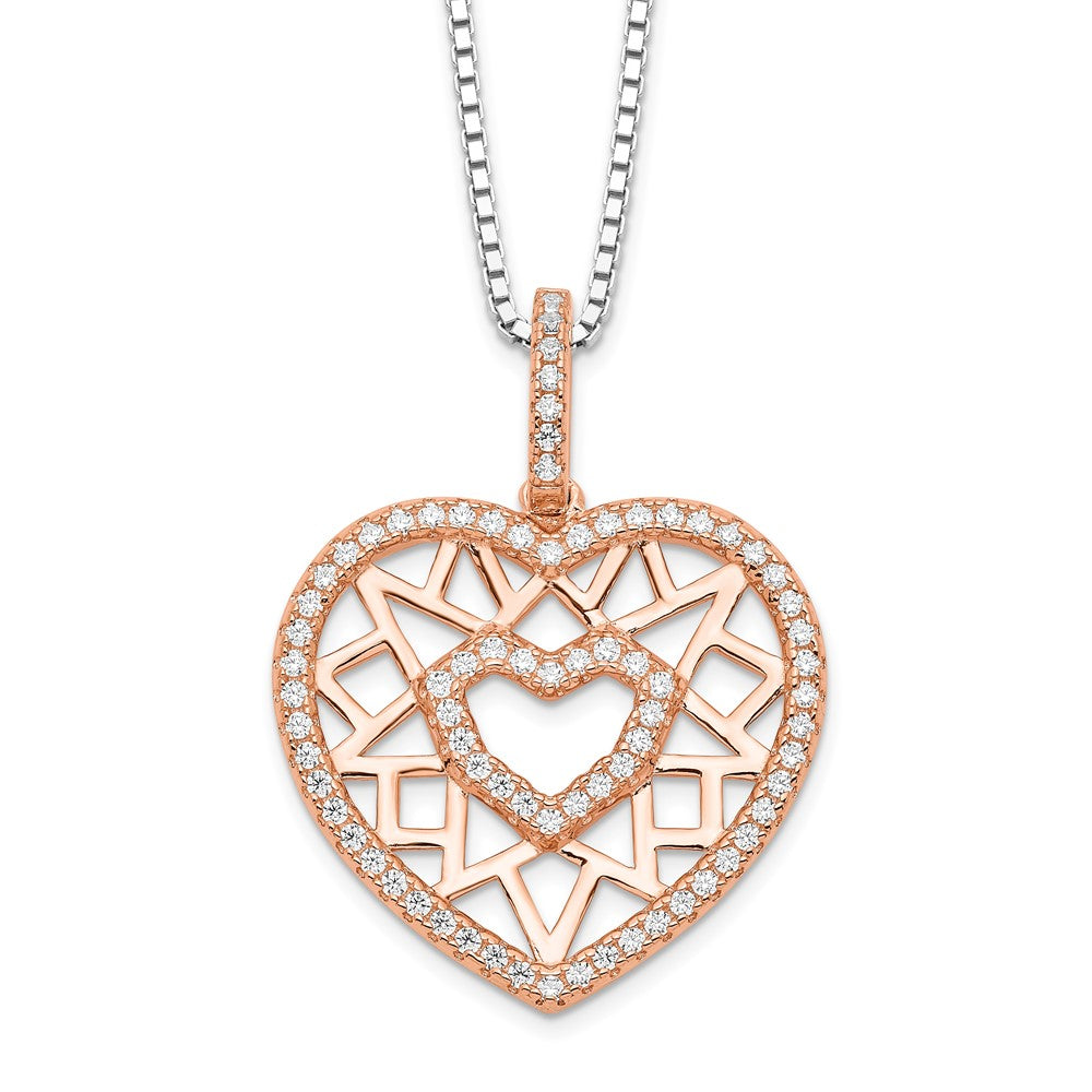 Sterling Silver Brilliant Embers Rose-Tone Flash Rose Gold-Plated 77 Stone 18 Inch Micro Pav Cz Heart Necklace With 2 Extender