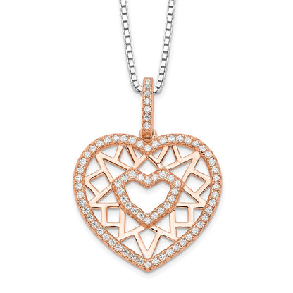 Sterling Silver Brilliant Embers Rose-Tone Flash Rose Gold-Plated 77 Stone 18 Inch Micro Pav Cz Heart Necklace With 2 Extender