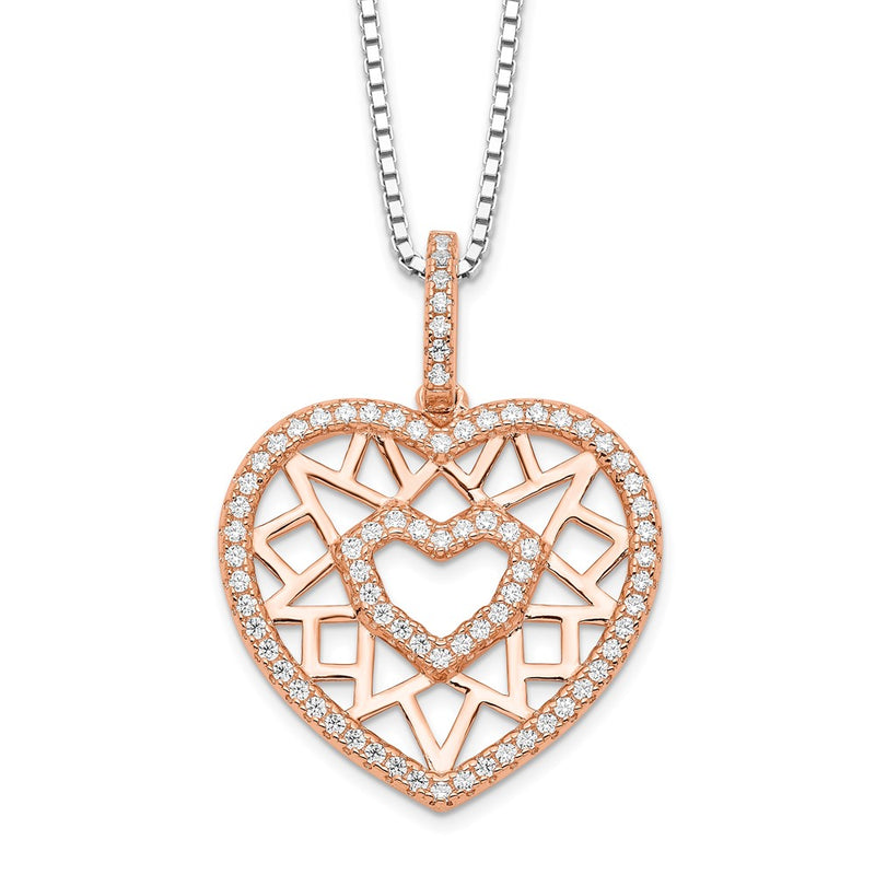 Sterling Silver Brilliant Embers Rose-Tone Flash Rose Gold-Plated 77 Stone 18 Inch Micro Pav Cz Heart Necklace With 2 Extender