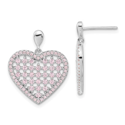 Sterling Silver Brilliant Embers Pink Cz Heart Post Dangle Earrings