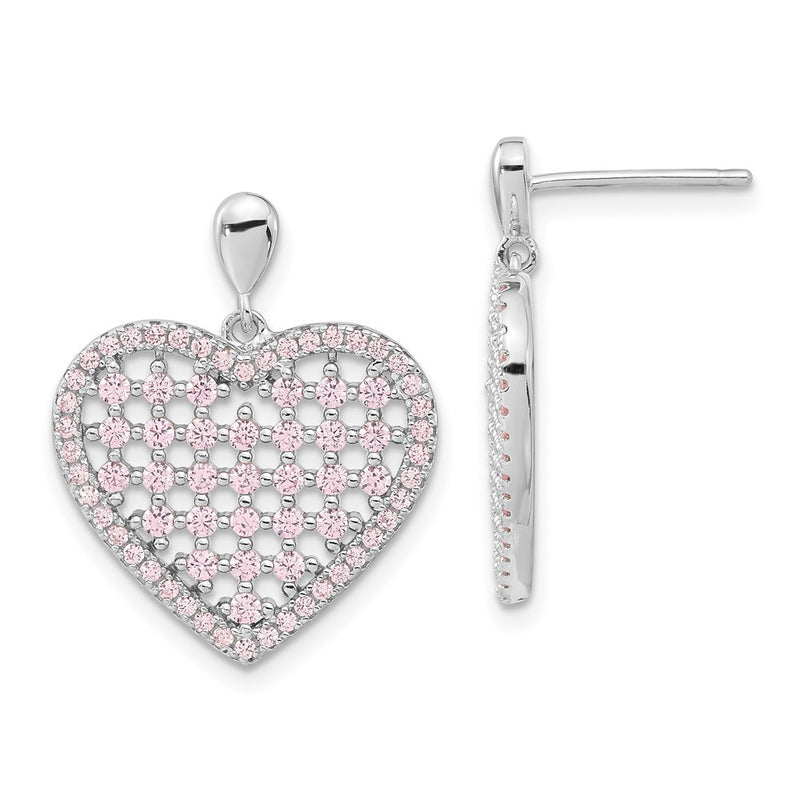 Sterling Silver Brilliant Embers Pink Cz Heart Post Dangle Earrings